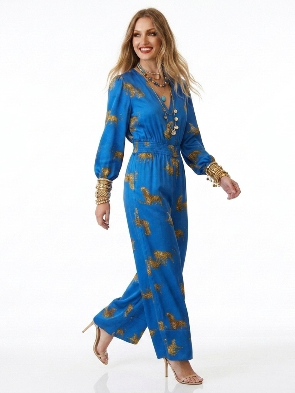 UMGEE Blue Cheetah Print Satin Wide-Leg Jumpsuit Boho Chic S NWOT